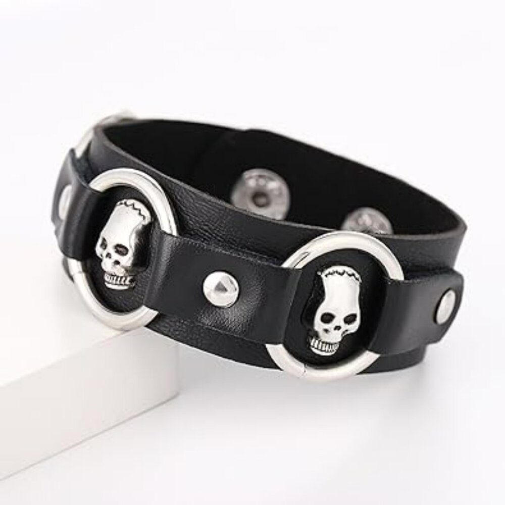 Goth Punk Black‎ Leather Punk Leather Braclet Men Gothic Skull Skeleton Skulls